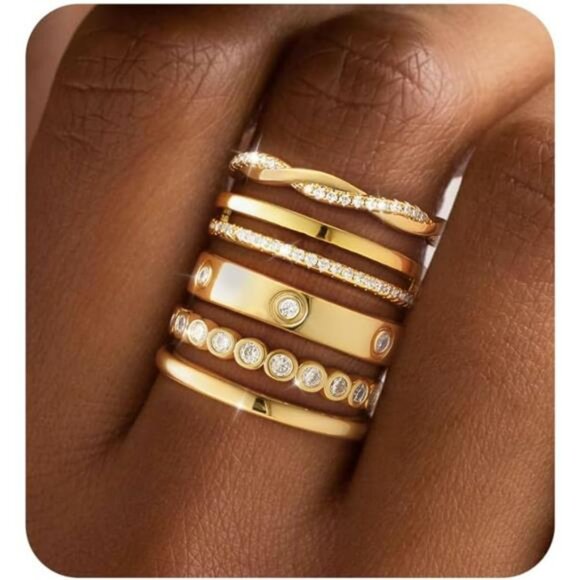 Stackable Gold Rings for Women Dainty 14K Gold Silver Plated Cubic Zirconia Band - Picture 1 of 7